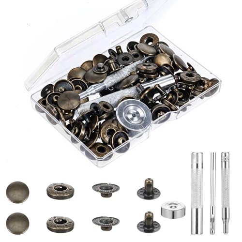 24 Sets Leather Snaps and Fasteners Kit 15mm Metal Snap Button Kit with 4pcs Installation Tools Replacement Leather Jacket Snaps for Clothing Hats Jackets Jeans Canvas and More (Bronze)