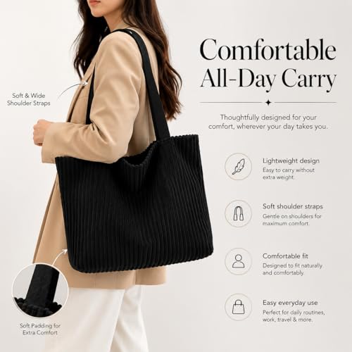 Image of Kawn Korean Tote Bag Aesthetic Corduroy Canvas Handbag for Women Zipper Casual Large Capacity Shoulder Bag with Pockets Versatile Everyday use for College Work Travel & Shopping