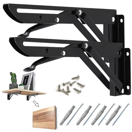 2PCS Folding Shelf Brackets 12 Inch, Kalolary Heavy Duty Stainless Steel Collapsible Shelf Hinge Wall Mounted Space Saving DIY Triangle Bracket for Bench Table Bookshelf Furniture, Max Load 55lb