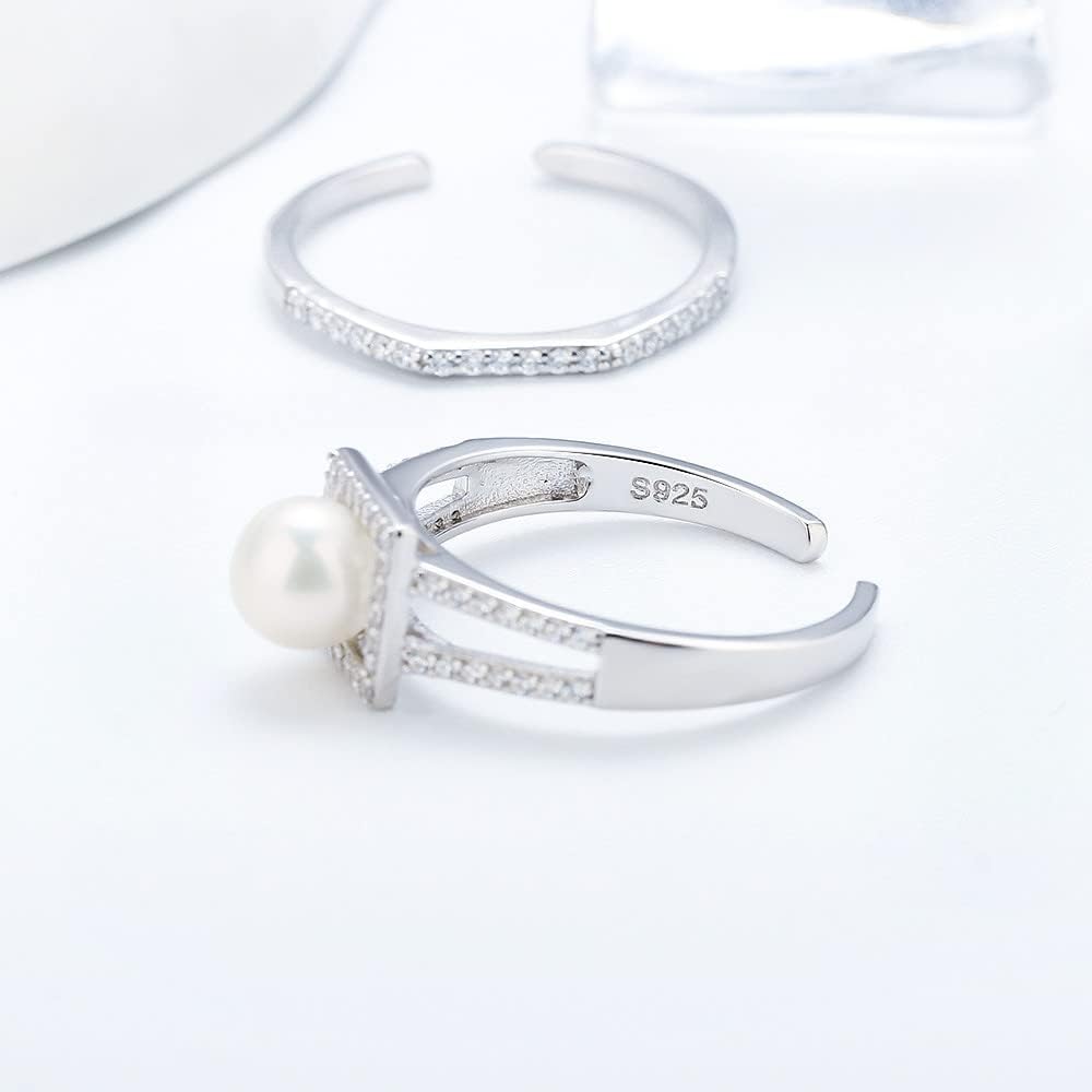Sterling Silver Cubic Zircon Square Design Adjustable Rings for Women, Design Ring Mounts Fittings with Pearl Seat for DIY Jewelry Making