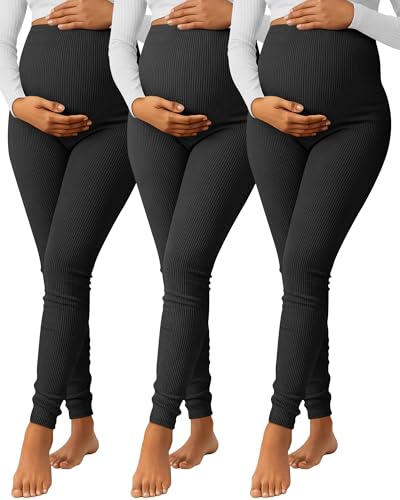 Sweetyweee 3 Pack Women's Maternity Pants Ribbed Cotton Over The Belly Tight Lounge Pregnant Pants for Home Casual Pajama(Medium,Black)