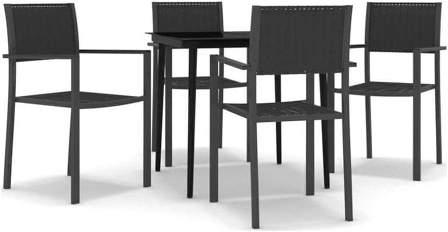 BOWERY HILL 5-Piece Powder-Coated Steel Garden Dining Set, Black Finish, Rattan-Style Design, Square Table with Glass Top and 4 Chairs, Durable and Comfortable Outdoor Patio or Terrace Furniture
