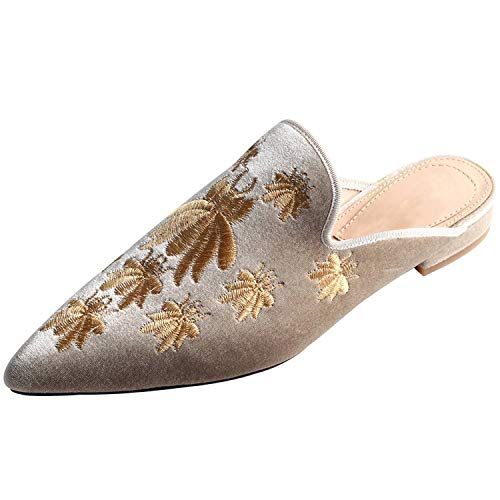Image of Fericzot Women's Velvet Backless Pointed Toe Slip On Loafers Flats Embroidery Mule Slippers Shoes