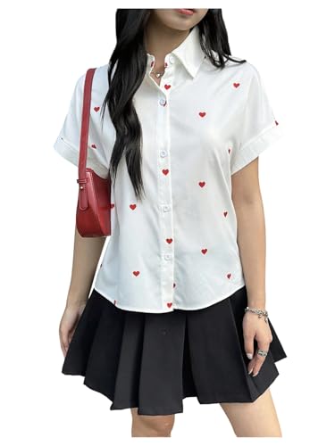 SweatyRocks Girl's Heart Print Button Down Shirt Dolman Short Sleeve Summer Blouses