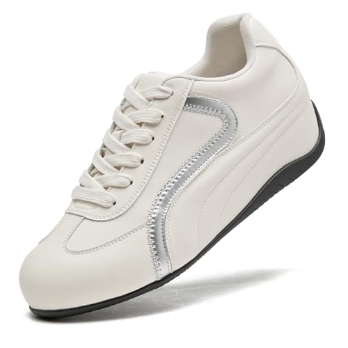 Ladysolid Women's Sneakers Casual Lace Up Shoes Stylish 2-inch Hidden Heel Shoes Anti Slip Sneakers for Women, Color Beige, Size 9