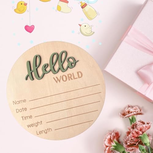 Image of Baby Announcement Sign, 5.9 Inch Wooden Hello World Newborn Signs, Birth Announcement Sign, Baby Shower Hospital Nursery for Newborn Boys and Girls (Forest Green,Pen)