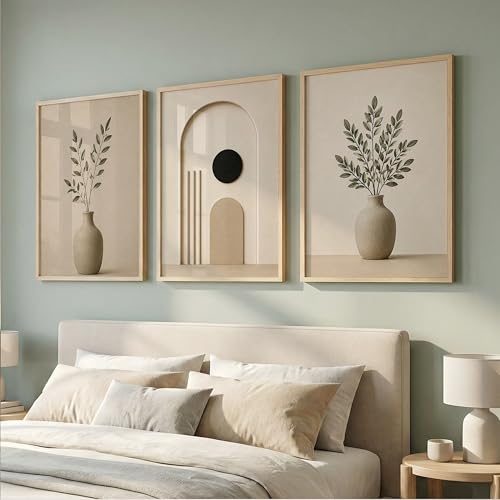 Image of TheMakerly Set of 3 Japandi Botanical Wall Art Paintings for Living Room | Minimalist Neutral Beige Wall Decor | Modern Scandinavian Wall Paintings for Bedroom, Office, Hall & Home Decoration (10x13 Inches)