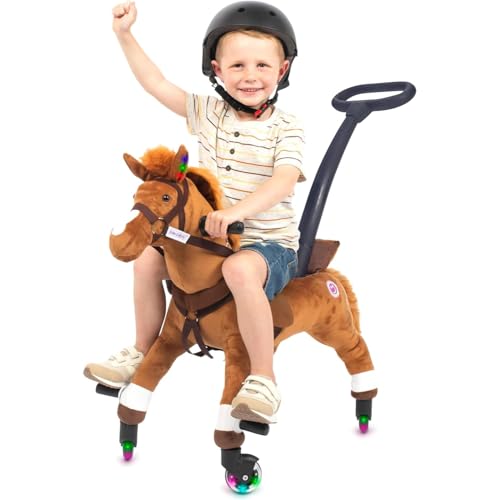 Power Pony Push Riding Horse (Champ-Brown) | Soft Plush Wheeled Ride-On Toy for Toddlers Age 2+