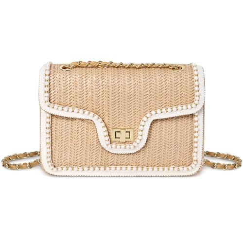 OWGSEE Straw Crossbody Bags for Women, Summer Fashion Straw Purses and Handbags Shoulder Raffia Clutch Bags with Pearls (M, Khaki)