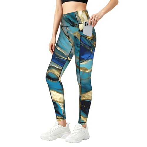 Legging de sport haut de gamme bleu sarcelle avec détails dorés et poches