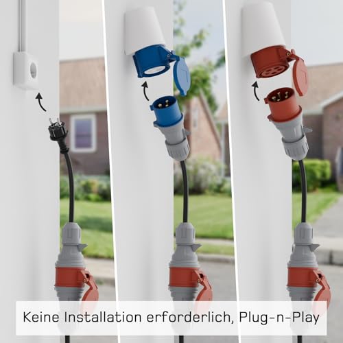 dé Adapterset CEE 16A 5-Poliger für Mobile Wallbox/EV Ladegerät/Ladestation an CEE Rot 32A/ CEE Blau 16A/ 230V Haushaltssteckdose mit 0,5m Gummikabel H07RN-F 3G2.5mm² IP44 Außeneinsatz