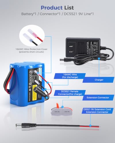 Image of 22.2V-24V 2.6Ah Lithium Battery, 22.2V-24V Rechargeable Li-ion Battery with Charger, Bare Leads Wire, Cable Connector for Kids Ride On Cars, DIY Project, Solar Panels, LED Light Strip, CCTV Camera