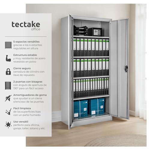 Miniatura 4 de Tectake Armario Archivador Oficina En Acero, Armario Exterior E Interior Con Cerradura, Armario Multiusos Con 2 Puertas, 4 Estantes Ajustables Y 5 Alturas, Fácil Montaje, 180x80x40 Cm - Gris Claro