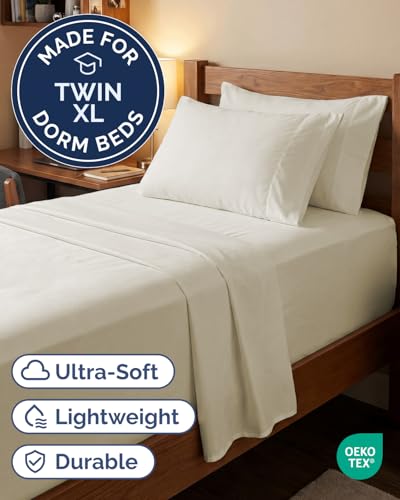 Image of Extra Deep Twin XL Sheet Set - 4 Piece Breathable & Cooling - Off White | Hotel Luxury Bed Sheets Set, Easy & Secure Fit, Ultra-Soft, Wrinkle & Fade Free, Comfy Sheets Set with Extra Deep Pockets