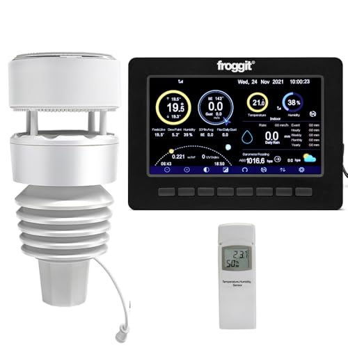 froggit Estación meteorológica inalámbrica HP1000SE PRO 7 en 1 Ultra Black Edition con Reloj, Sensores Exteriores, Pantalla TFT a Color de 7 Pulgadas, Previsión Meteorológica