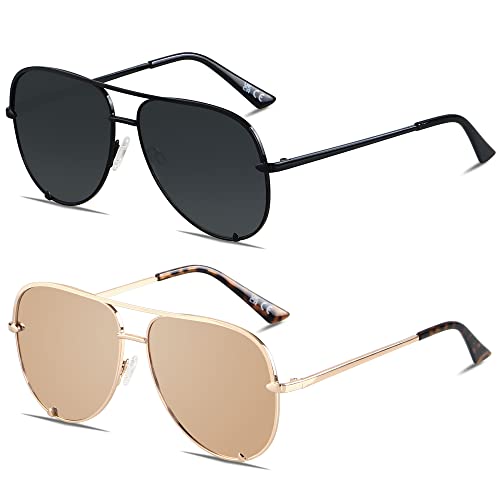 ANDWOOD Oversized Aviator Sunglasses for Women Big Large UV Protection Fashion Sun glasses UV Protection Black Mirrored Gold Shades