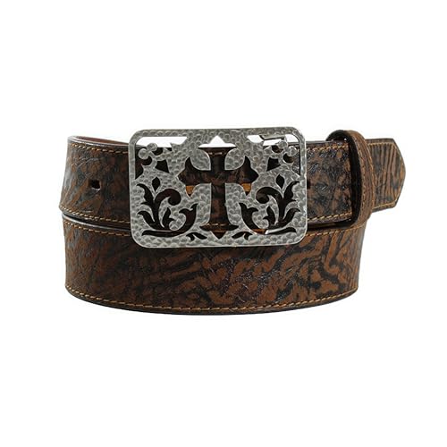 ARIAT Ladies Moonstruck Leather Belt with Hammered Filigree Plate Buckle and Cross, Tan, Sizes S-XL, 1-1/2 Inch Wide