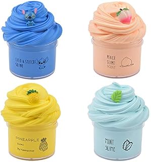 4 Pack Butter Slime Kit with Blue Stitch, Peach, Pineapple and Mint Charms, Scented DIY Slime Supplies for Girls and Boys, Stress Relief Toy for Kids Education, Party Favor, Gift and Birthday