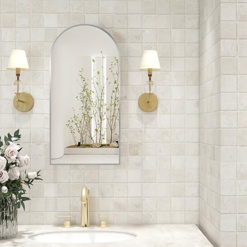 FUNFOLLOW Silver Medicine Cabinet with Arched Mirror, Left or Right Opening, Mirrored Medicine Cabinet Wall Mounted, Bathroom Vanity Mirror with Storage, Adjustable Shelves, Not Recessed, 16x32 inch