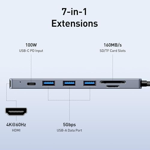 BENFEI USB C HUB 7in1, USB C HUB Multiport Adapter with USB-C to HDMI, USB-C to SD/TF Card Reader/3*USB 3.0/100W Power Delivery, Compatible with iPhone 15 Pro/Max, MacBook, iPad Pro, iMac, S23, XPS17 - 1