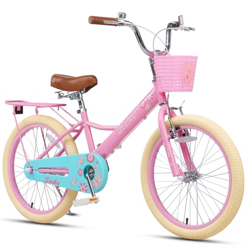 Glerc 20 Zoll Mädchen-Kinderfahrrad für Kinder von 7 8 9 10 11 12 13 Jahren mit Fahrradständer, Hinterem Gepäckträger und Korb, Rosa
