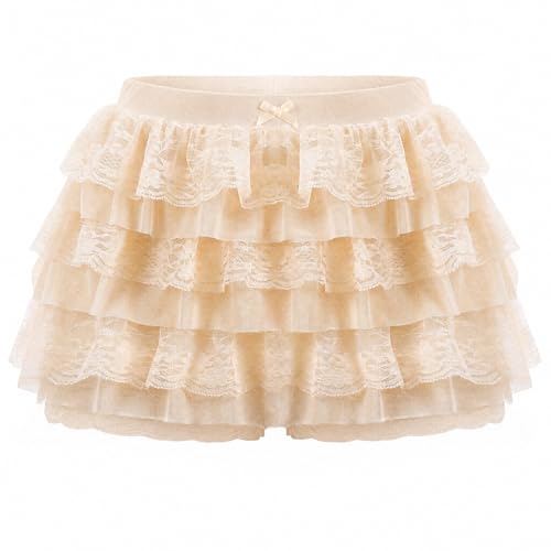ROLOSI Women Ruffle Shorts Lace Multi-Layered Bloomers Lolita Bloomers Cute Pumpkin Pants Sexy Boyshorts Mini Shorts Pettipants Apricot