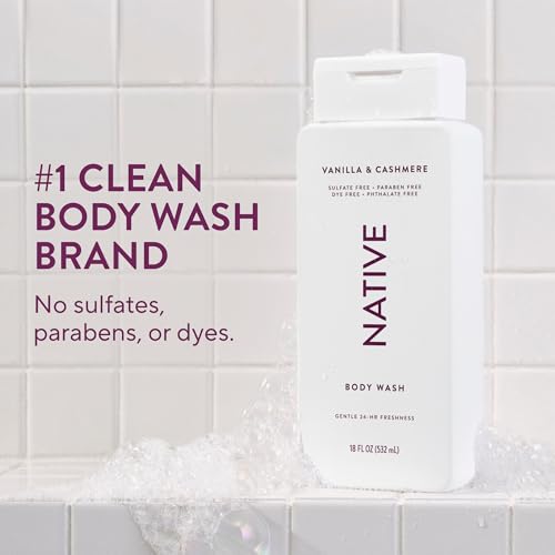 Image of Native Clean Body Wash, Gentle & pH-balanced for Sensitive Skin, 24-Hr Freshness for Women & Men, Vegan & Cruelty-Free, Free of Sulfates & Parabens, Vanilla & Cashmere, 18 fl oz