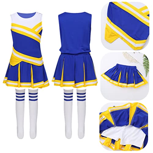 Oyolan Kids Girls Cheerleading Uniform Outfit Tops With Pleated Skirt Socks Set Cheer Leader Cosplay Dance Costume Yellow&Blue 7-8 Years #TOP5