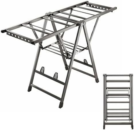 Free-Standing Laundry Drying Rack, 2-Tier Foldable Clothes Drying Rack with Height-Adjustable Gullwings, Aluminum Laundry Rack Folding Airer for Clothes Towels Linens