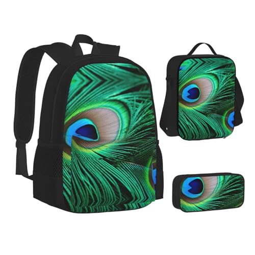 nanger Peacock Feather Print 3-Piece Set Backpack, Lunch Bag And Pencil Case, For Travel, College, And Daily Use2
