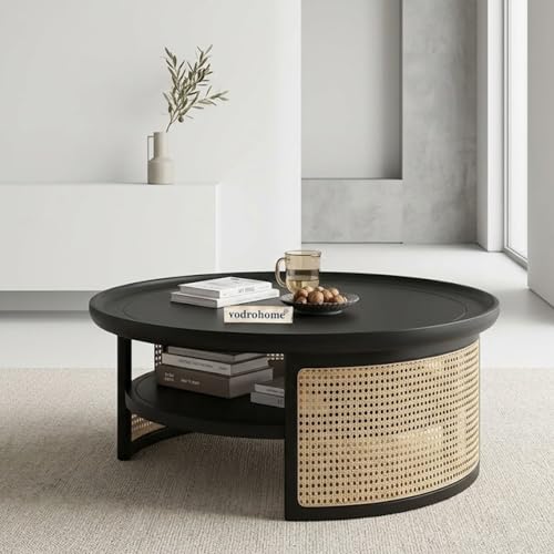 Image of Rattan Coffee Table - Cane Center Table with Shelf for Storage - Bohemian Solid Mango Wood Coffee Table for Office and Living Room C#042 (Matte Black)