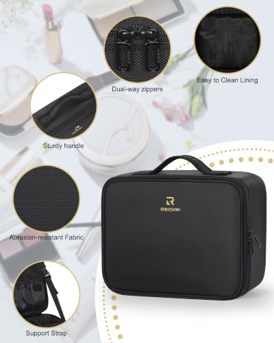 Image of Relavel Makeup Bag Large Cosmetic Bag Travel Train Case Toiletry Bag for Women with Adjustable Dividers, Travel Essentials Organizer Case Storage Box for Skincare, Brushes, Black