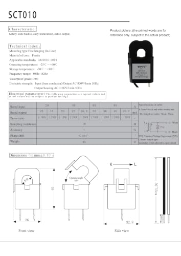 Transformador de corriente SCT010 para sensor de corriente alterna y medidor de energía 50A 3