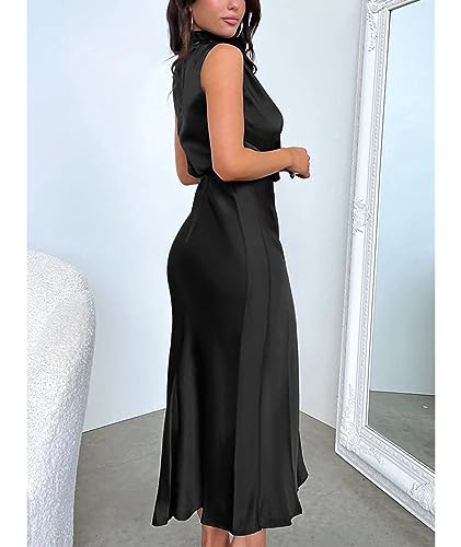 Image of Sexyshine Women's Elegant Halter Tie Neck Sleeveless Satin Long Dress Backless Split Cocktail Party Formal Wedding Maxi Dress