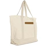 DALIX 22' Large Cotton Canvas Zippered Shopping Tote Grocery Bag in Natural