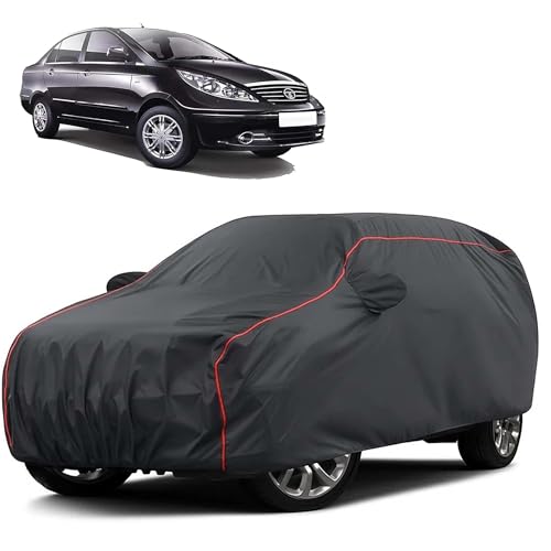 Image of Sulfar 100% Water Resistant Car Body Cover Compatible with Mirror for Tata Manza (Triple Stitched, Full Bottom Elastic, Dark Grey Taffeta with Red Piping)