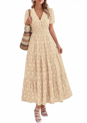 Image of KIRUNDO Summer Dresses for Women 2026 Boho Flowy Casual Short Sleeve V Neck Elastic Waist Floral Long Baby Shower Maxi Dress
