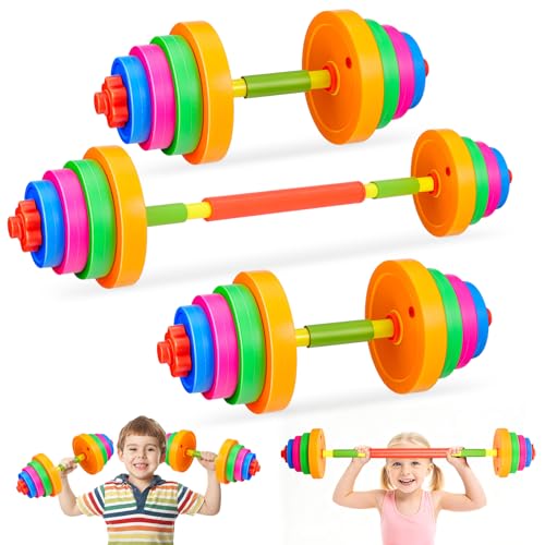 UKCOCO Kids Weights Set Adjustable Dumbbells & Barbell - Water Filled Plastic Gym Equipment for Home Workout & PE - Non-Slip Exercise Fitness Playset for Boys Girls 3-8 Years
