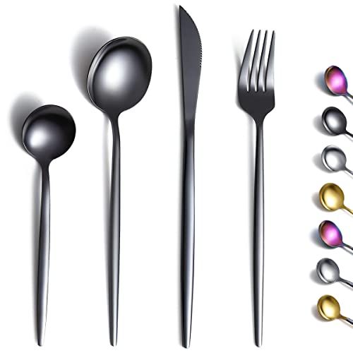 Kyraton Black Cutlery Set 24 Pieces Stainless Steel Flatware Set Titanium Plating Black Silverware Set Strong Anti Rust Dishwasher Safe Tableware Set Serving 6 People.