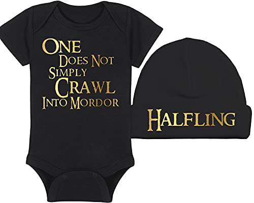 Image of LOTR Baby Onesie and Hat - One Does Not Simply Crawl Into Mordor - Halfling (6-12 Month - Black Fabric - Gold Design)