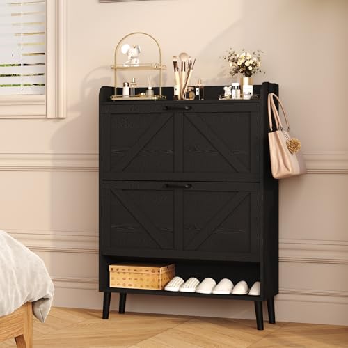 HOMEFORT Shoe Storage Cabinet for Entryway, 30\" Freestanding Organizer with Two Flip Drawers, Narrow Hidden Shoe Rack with Wood Legs, Farmhouse Shoe Cabinet for Front Door Entrance,Black
