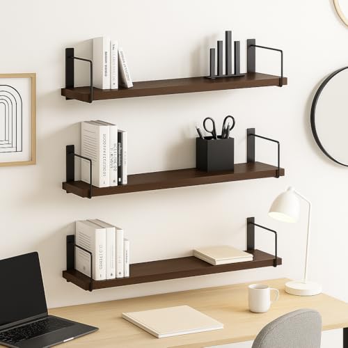 Image of Dime Store Engineered Wood Wall Shelf Floating Wall Mounted Shelf with Metal Brackets for Living Room, Bedroom & Office | Multipurpose Display Rack for Books, Plants, Decor & Storage (Brown)