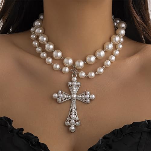 Pearl Cross Necklace Big Cross Pendants Necklaces for Women Chunky Pearl Necklace Gothic Cross Necklace Punk Vintage Cross Jewelry Women2