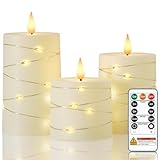 Raycare Flameless Candles with Remote Timer, Flickering Battery Operated LED Pillar Fake Candle with String Lights for Home Decor, Christmas, Wedding and Gift, Ivory, Set of 3
