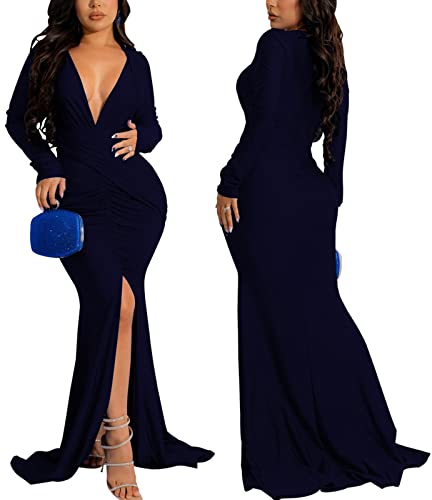Image of Women's Elegant Formal Mermaid Maxi Dress Off Shoulder Long Sleeve Wedding Split Evening Gown Prom Cocktail Party Dresses