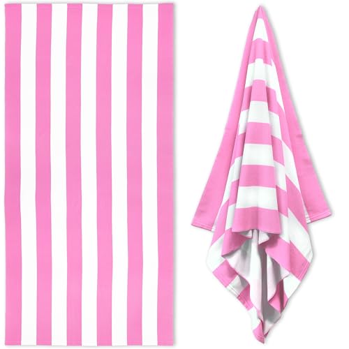 HENBAY Large Oversized Beach Towel - 35 x 70 Inch Microfiber Pool Towel, Pink Striped Quick Dry Cabana Swim Towel