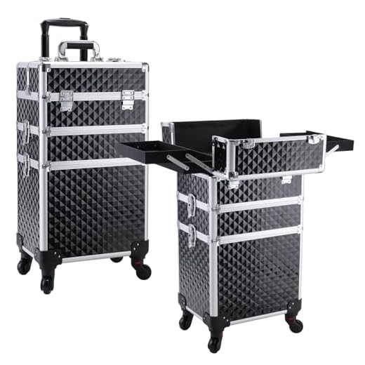 Frenessa 3 in 1 Rolling Makeup Train Case Professional Cosmetic Trolley Large Storage with Keys Swivel Wheels Salon Barber Case Traveling Cart Trunk for Make Up Hairstylists Nail Tech, Vintage Black