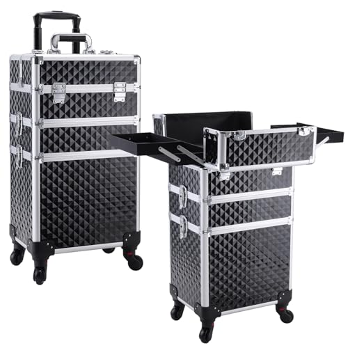FRENESSA 3 in 1 Rolling Makeup Train Case Professional Cosmetic Trolley Large Storage with Keys Swivel Wheels Salon Barber Case Traveling Cart Trunk for Make Up Hairstylists Nail Tech, Vintage Black