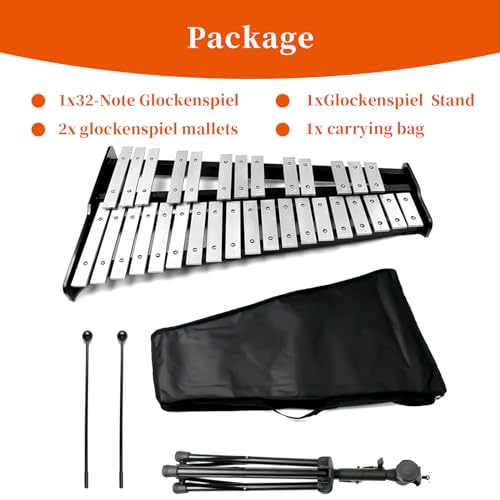 Image of 32 Note Glockenspiel Xylophone Bell Kit, Percussion Instruments for Music Teaching with Adjustable Stand, Mallets and Carrying Bag, Professional Xylophone Bell for Adults & Students(black)