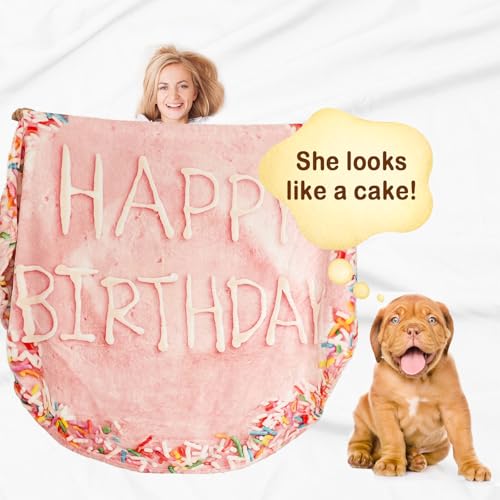 Image of Bnuitland Pink Birthday Cake Blanket, 300 GSM Double Sided Giant Realistic Funny Gift Throw for Sofa Bed, Super Soft Novelty Food Blanket for Kids /Pets and Adults